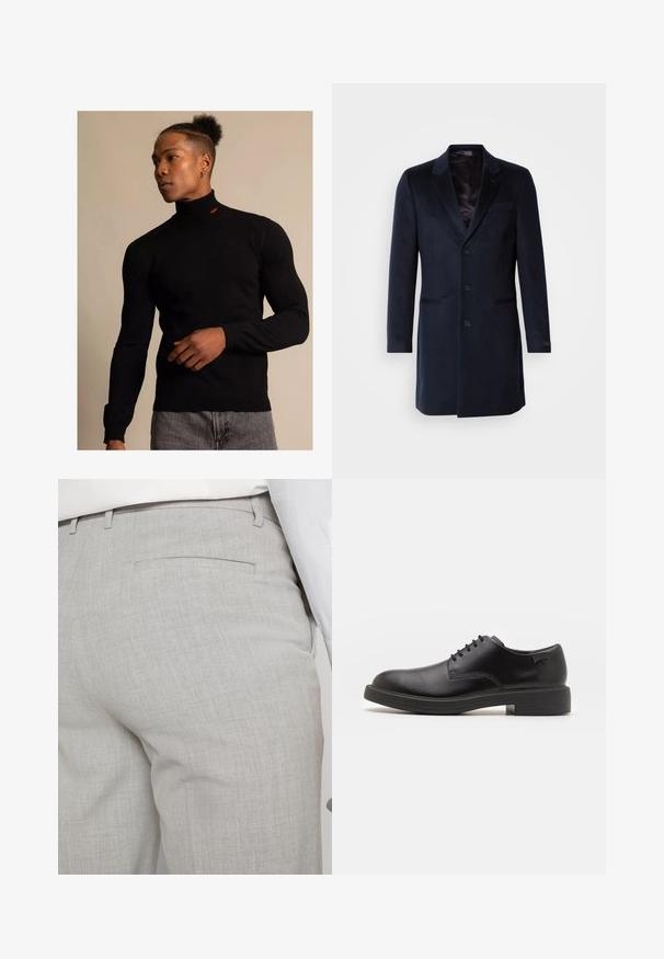 Marineblauer Wollmischungs-Mantel mit Reverskragen, Ein-Knopf-Verschluss, zwei frontalen Taschen und einem seidigen Innenfutter.; Schwarzer Rollkragenpullover aus geripptem Material mit langen Ärmeln. Verfügt über ein kleines rotes Logo am Hals. Getragen mit grauen Jeans.; Hellgraue, maßgeschneiderte Hose aus strukturiertem Stoff, mit einer einzelnen Gesäßtasche und sauberer Nahtführung.; Schwarzer Leder-Schnürschuh mit abgerundetem Zeh, glatter Textur, minimaler Naht und niedrigem Gummiabsatz. Logo auf der Ferse.