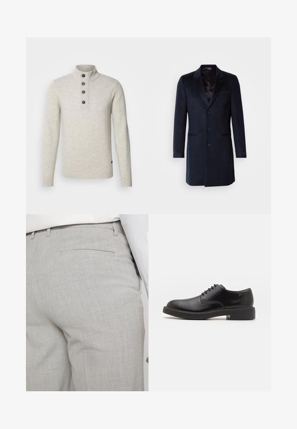 Marineblauer Wollmischungs-Mantel mit Reverskragen, Ein-Knopf-Verschluss, zwei frontalen Taschen und einem seidigen Innenfutter.; Barbour Strickpullover - pearl; Hellgraue, maßgeschneiderte Hose aus strukturiertem Stoff, mit einer einzelnen Gesäßtasche und sauberer Nahtführung.; Schwarzer Leder-Schnürschuh mit abgerundetem Zeh, glatter Textur, minimaler Naht und niedrigem Gummiabsatz. Logo auf der Ferse.