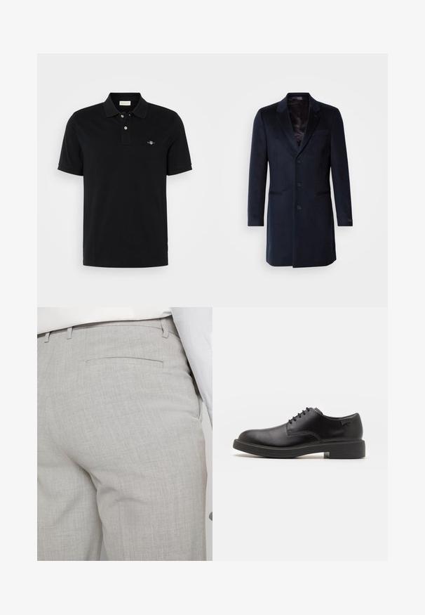 Mornarski kaput od vune s mješavinom vlakana, s reverima, zatvaranjem na jedan gumb, dva prednja džepa i svilenom unutrašnjom podlogom.; Crna polo majica od pamuka, s klasičnom ovratnikom, plaketom na dva gumba, kratkim rukavima i malim izvezenim logom na prsima.; Svijetlosive krojene hlače od teksturiranog materijala, s jednim stražnjim džepom i čistim šavovima.; Crne kožne cipele s vezanjem i zaobljenim vrhom, glatke teksture, minimalnim šavovima i niskim gumiranim potplatom. Logo se nalazi na peti.