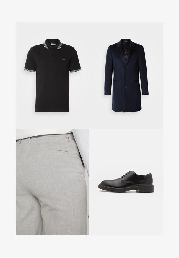 Navy wollen blend overjas met een open kraag, enkele knopsluiting, twee voorzakken en een zijdezachte binnenvoering.; Calvin Klein MULTI TIPPING - Poloshirt - black/lichen; Lichtgrijze, op maat gemaakte broek van gestructureerde stof, met een enkele achterzak en nette stiksels.; Zwarte leren veterschoen met een ronde neus, een gladde textuur, minimale stiksels en een lage rubberen hak. Logo op de hak.