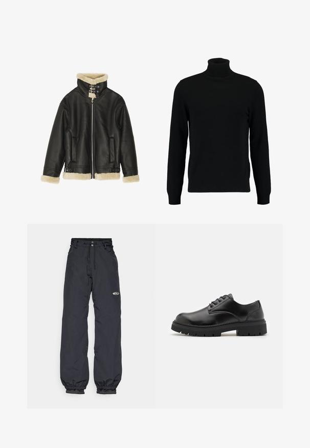 Must-haves nahkjakke, millel on lambavillane kaelus ja mansetid. Sisaldab lukuga kinnitamist, kahte küljetaskut ja reguleeritavaid rihmasid allääres.; Musta kõrge kaelusega kampsun, mis on valmistatud pehmest kudumist materjalist. Omab pikki varrukaid, soonikpitsiga kaela- ja alumist äärt. Lihtne ja sujuv disain ilma mustriteta.; Mustad veepidavad püksid, millel on reguleeritav vöökoht, elastsed mansetid ja väike logopatch reie peal; kerge kangas.; Mustad mustad nahast jalanõud, millel on ümardatud varvas, paeltega disain ja paks, tekstuuriga kummitald. Omab äärte pikeeringut ja siledat viimistlust.