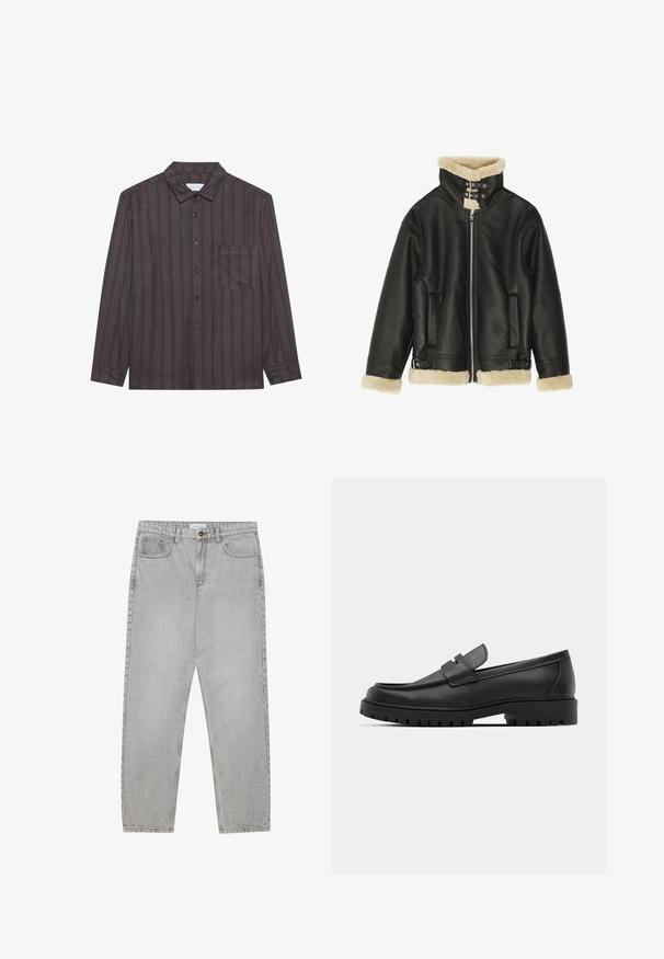 Jachetă din piele neagră cu guler și manșete din blană. Prezintă un fermoar, două buzunare laterale și curele ajustabile la tiv.; Cămașă lungă cu mâneci brown, cu dungi verticale de culoare navy, cu guler cu butoni, buzunar frontal și nasturi negri, fabricată dintr-un material ușor.; Pantaloni din denim gri deschis cu un design cu picioare drepte, stil cu cinci buzunare și închidere cu nasture. Cusături vizibile de-a lungul cusăturilor.; Mocasini din piele neagră cu vârful rotunjit, având un design cusut, talpă joasă și o talpă din cauciuc texturat, cu crampoane.