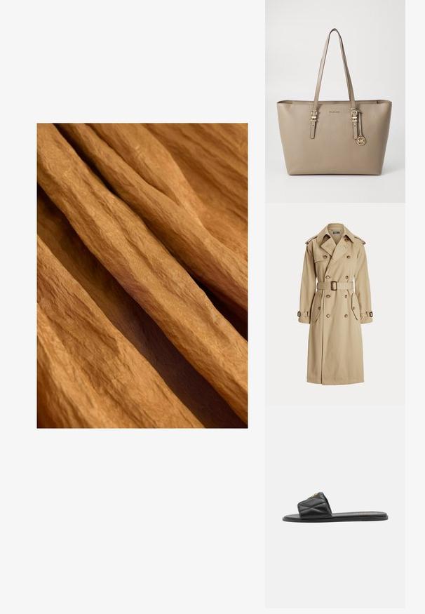 Beige Trenchcoat mit doppelter Knopfleiste, großen Knöpfen, tailliertem Gürtel, zwei seitlichen Taschen und Schulterklappen. Glatte Stoffoberfläche.; Faltiger Stoff in einem warmen, erdigen Braunton mit einer strukturierten Oberfläche, drapiert und sich in sanften, fließenden Falten überlappend.; Schwarze, gesteppte Riemensandale mit flacher Sohle und einem goldenen Akzent am Riemen. Hergestellt aus synthetischem Material mit einer glatten Textur.; Beige Leder-Tote mit zwei Schulterriemen, goldenen Hardware-Details und einem Anhänger mit einem runden Logo. Glatte Textur und minimalistisches Design.