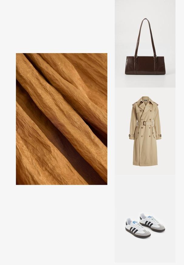 Manteau beige à double boutonnage à l'avant, avec de grands boutons, une taille cintrée par une ceinture, deux poches latérales et des épaulettes. Texture de tissu lisse.; Tissu froissé dans une teinte marron chaud et terreux avec une finition texturée, drapé et se superposant en douces ondulations fluides.; Baskets avec une tige en cuir blanc, un bout en daim gris et trois bandes noires. Présente un logo bleu sur la languette et une semelle en caoutchouc texturée.; Sac à main en cuir verni marron de forme rectangulaire, avec deux longues poignées et des accents courbés subtils à l'avant.