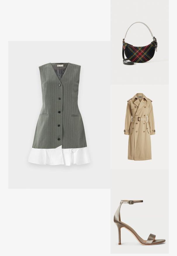Gabardina beige con frente de doble botonadura, grandes botones, cinturón en la cintura, dos bolsillos laterales y hombreras. Textura de tela suave.; Vestido sin mangas de rayas grises con botones negros en la parte delantera y un dobladillo rizado blanco frente a un fondo liso.; Sandal de tacón alto de satén en plata con tira en el tobillo, que presenta una hebilla decorativa. Punta abierta y diseño delgado y elegante.; Bolso de mano con patrón tartán, hecho de una mezcla de lana, con forma de media luna, asa de cadena de plata y correa de cuero negro desmontable.