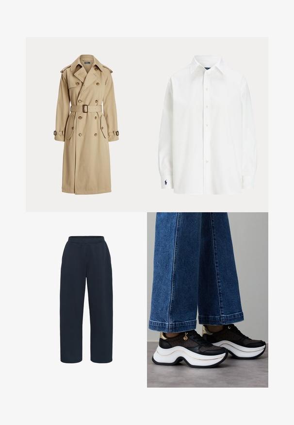 Beige trench coat with double-breasted front, large buttons, belted waist, two side pockets, and shoulder epaulets. Smooth fabric texture.; White button-up shirt with long sleeves, classic collar, and a small blue logo on the cuff. Smooth cotton fabric, structured fit.; Kaffe Tracksuit bottoms - midnight marine; Black and gold sneakers with a curved white sole. Textured fabric with logo accents. Paired with wide blue denim pants.