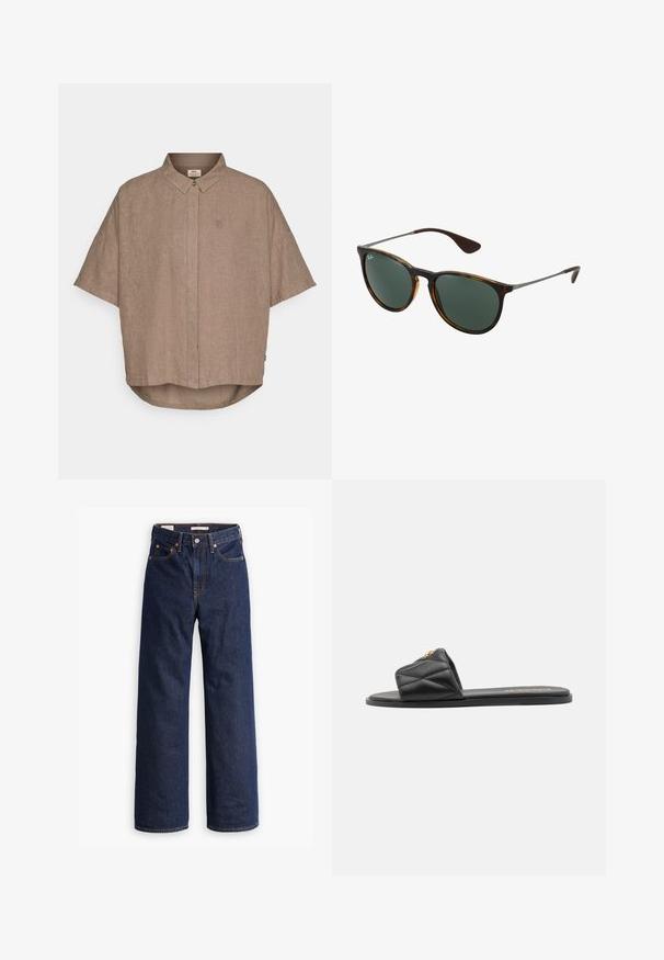 Beige trenchcoat met een dubbelgeknoopt voorpand, grote knopen, een ceintuur op de taille, twee zijzakken en schouderepaulets. Gladde stofstructuur.; Korte mouwen bruin linnen overhemd met een knoopkraag, een voorflap en een klein logo aan de linkerkant. Gebogen zoom aan de onderkant.; Donkerblauwe rechte spijkerbroek met vijf zakken, oranje stiksels en een knopen sluiting.; Zwarte gewatteerde slide sandaal met een vlakke zool, met een gouden accent op de band. Gemaakt van synthetisch materiaal met een gladde textuur.; Bruine schildpaddenstijl zonnebril met groene lenzen, een kunststof frame en metalen accenten; heeft gebogen tempelpunten en een slank ontwerp.; Beige leren tote bag met twee schouderbanden, gouden hardware accenten en een label met een circulair logo. Glad oppervlak en minimalistisch ontwerp.