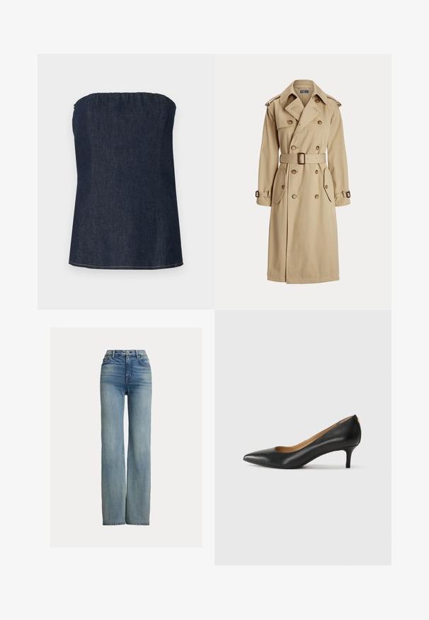 Šviesiai rudas trench paltas su dvigubu priekiu, didelėmis mygtukais, diržu ant liemens, dviem šoniniais kišenėmis ir petinių iškarpų. Lygus audinio paviršius.; Tamsiai mėlynas džinsinis vamzdelis, turintis surinktą apykaklę ir švarų kraštą. Lygus paviršius ir minimalus siuvimo detalės.; Aukšto juosmens tiesiakojinės mėlynos džinsai su priekinių kišenių, diržo kilpelių ir mygtuko uždarymu, turintys subtilius išblukimo akcentus.; Juodos odinės aukštakulnės bateliai su smailiu nosiu, žemu kulnu ir lygiu paviršiumi. Priekyje yra nedidelis atvirumas, o gale minimalus apdaila.