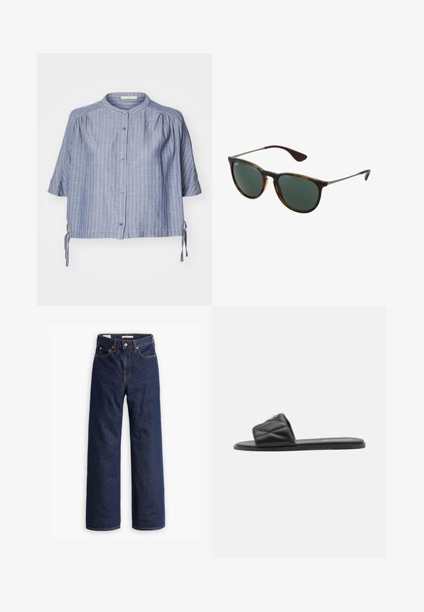 Cappotto beige con chiusura doppiopetto, grandi bottoni, vita regolabile con cintura, due tasche laterali e alamari sulle spalle. Tessuto dalla consistenza liscia.; Camicia a maniche corte a righe blu con colletto rotondo, bottoni frontali e lacci sui lati. Realizzata in un tessuto leggero con una consistenza morbida.; Jeans in denim blu scuro a gamba dritta con cinque tasche, cuciture arancioni e chiusura con bottoni.; Infradito neri imbottiti con suola piatta, caratterizzati da un accento dorato sulla fascia. Realizzati in materiale sintetico con una texture liscia.; Occhiali da sole tartaruga marrone con lenti verdi, montatura in plastica e dettagli in metallo; presentano punte delle stecche curve e un design elegante.; Borsa tote in pelle beige con due tracolle, dettagli in hardware dorato e un'etichetta con un logo circolare. Texture liscia e design minimalista.