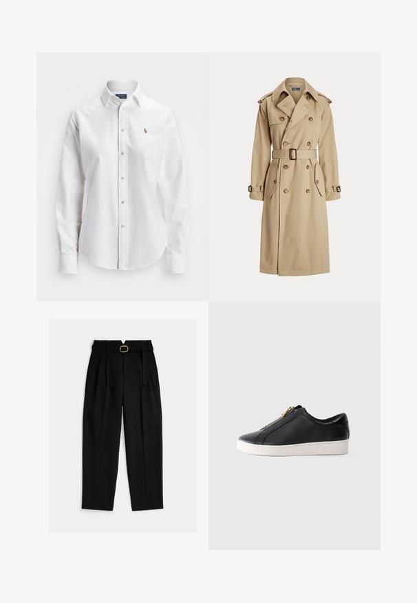 Bež trench coat kahe rinna nupuga, suurte nööpidega, vöökohtadega, kahe küljetaskuga ja õlavarre epaulettidega. Sile kangatextuur.; Valge pikakä sleevesed nööbitav särk, mis on valmistatud puuvillast, klassikalise krae ja väikese tikitud logoga rinnal.; Mustad klassikalise lõikega kõrge vöökohaga püksid, millel on vöö ja volditud esikülg ning lai sääreosa. Valmistatud siledast kangast.; Mustad musta nahast madal jooksjal kinnise kuldse tõmbluku ja valge tallaga, külgvaade, minimalistlik stiil ühetoonilisel taustal.