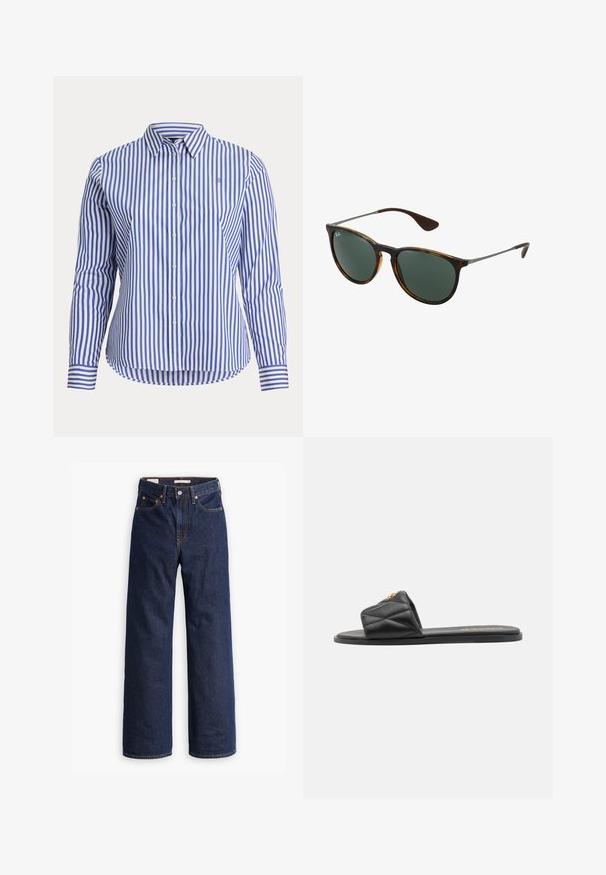 Bež plašč s dvojno zapenjanjem, velikimi gumbi, pasom, dvema stranskima žepoma in ramenimi epauleti. Gladka tekstura tkanine.; Modra in bela črtasta majica z dolgimi rokavi in gumbnim ovratnikom, ki ima zaobljen rob, subtilen logo na prsih in kontrastne črtice na manšetah.; Temno modri kavbojasti jeans ravnega kroja s petimi žepi, oranžnim šivanjem in zapiranjem na gumb.; Črne prešite sandale s ploskim podplatom, ki imajo zlato dekoracijo na traku. Narejene iz sintetičnega materiala z gladko teksturo.; Rjave kornjačaste sončne očala z zelenimi lečami, plastičnim okvirjem in kovinskimi detajli; imajo ukrivljene konice templjev in eleganten dizajn.; Bežna usnjena torba s dvema naramnicama, z zlatimi kovinskimi detajli in oznako z okroglim logotipom. Gladka tekstura in minimalističen dizajn.