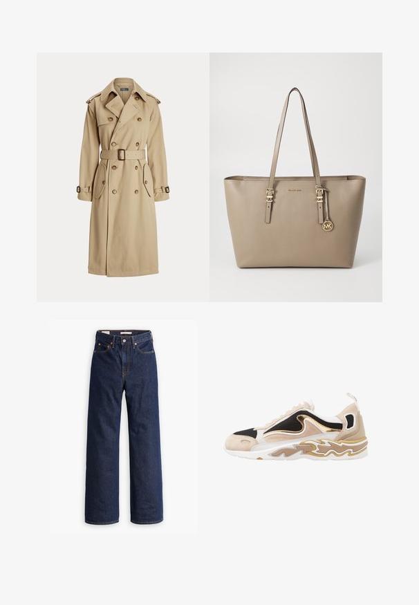 Beige trenchcoat med dubbelknäppt fram, stora knappar, bälte i midjan, två sidofickor och axelremmar. Slät tygstruktur.; Svart ärmlös polotröja, tillverkad av en mjuk textil. Fitted design med hög krage och rak fåll, minimalistisk och i en enhetlig färg.; Mörkblå raka jeans av denim med fem fickor, orange sömnad och knappstängning.; Sneakers med överdel i svart mesh, tan mockadetaljer och en guldfärgad metallisk detalj. Har en vit sula med ett vågmönster.; Beige läderhandväska med två axelremmar, detaljer i guld och en tagg med en cirkulär logotyp. Snygg textur och minimalistisk design.