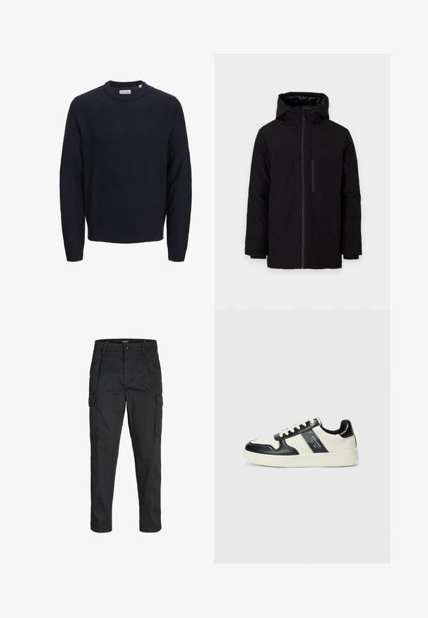 Musta vedenpitävä takki hupulla, jossa on kaksi suurta etutaskua ja vetoketjullinen rintatasku. Sileä pinta, säädettävät nauhat.; Tummansininen neulepaita, jossa on ribbitekstuuri, pyöreä kaula-aukko ja pitkät hihat. Sisältää kudotun brändilapun kaula-aukossa.; Mustat cargo-housut, jotka on valmistettu kestävästä kankaasta. Housuissa on useita taskuja, nappisulku ja kapea istuvuus, jossa on kapenevat lahkeet.; Nahkakengät musta-kerma värimaailmassa, joissa on rei'itetyt yksityiskohdat, pehmustettu nilkkaosa ja teksturoitu pohja.