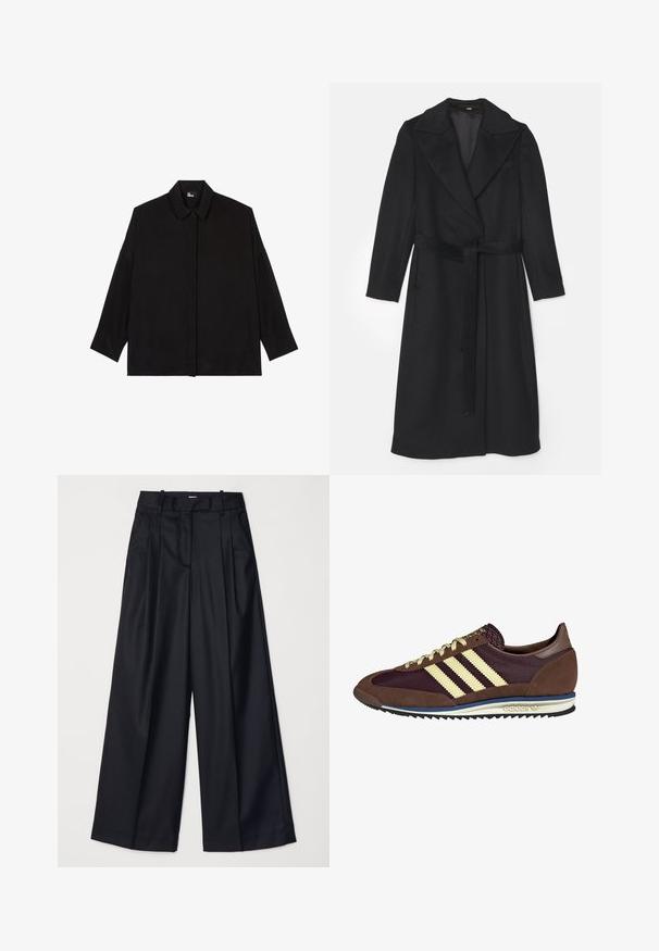 Abrigo de lana negro con un diseño de doble botonadura, solapas anchas, mangas largas y un cinturón a juego en la cintura. Textura suave, con un diseño minimalista.; Sudadera negra de manga larga, con cuello redondo y puños acanalados. Presenta una textura suave y un sutil detalle de logo en la parte frontal.; Camisa negra de botones con cuello, mangas largas y un corte relajado. Confeccionada con una tela suave y lisa, sin patrones visibles.; Pantalones de pierna ancha negros, confeccionados en una tela suave, con una cintura alta, pliegues y un diseño ajustado. Accesorios sencillos en negro en la cintura.; Deportivas marrones y burdeos con materiales de ante y malla, con tres franjas crema, tela texturizada en la lengüeta y suela de goma.