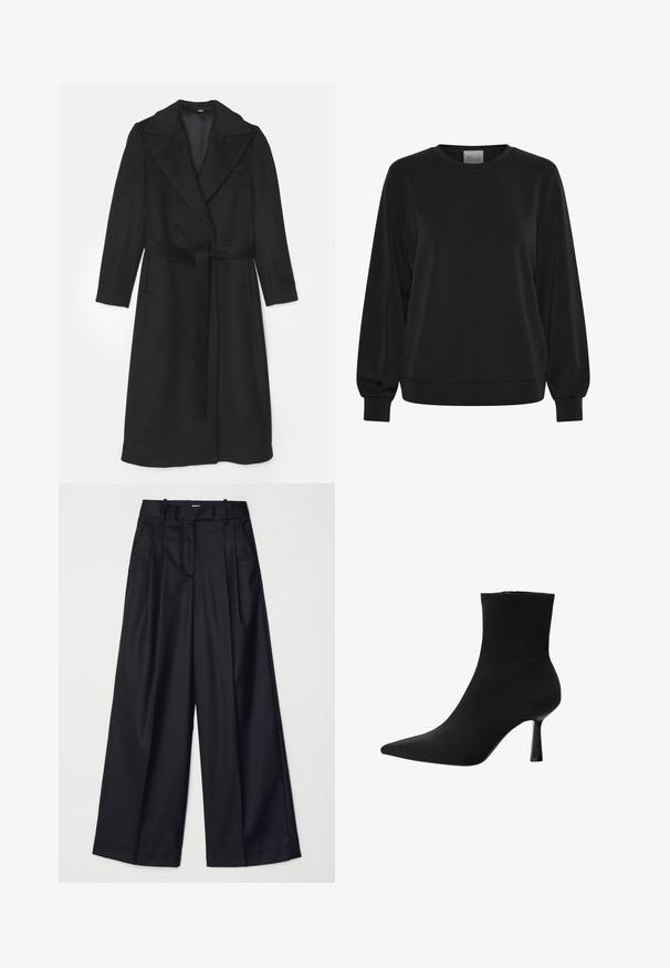 Czarny wełniany płaszcz o podwójnym zapięciu, z szerokimi klapami, długimi rękawami i pasującym paskiem w talii. Gładka faktura, minimalne detale.; Czarna bluza z długimi rękawami, okrągłym dekoltem i ściągaczami. Posiada gładką teksturę i subtelny detal z logo z przodu.; Czarne spodnie o szerokich nogawkach, wykonane z gładkiego materiału, z wysokim stanem, zakładkami i dopasowanym krojem. Proste czarne elementy metalowe w talii.; Czarny botek sięgający kostki, wykonany z gładkiego materiału, z charakterystycznym spiczastym noskiem i smukłym obcasem w stylu szpilki, o jednolitej konstrukcji i bez widocznych elementów metalowych.