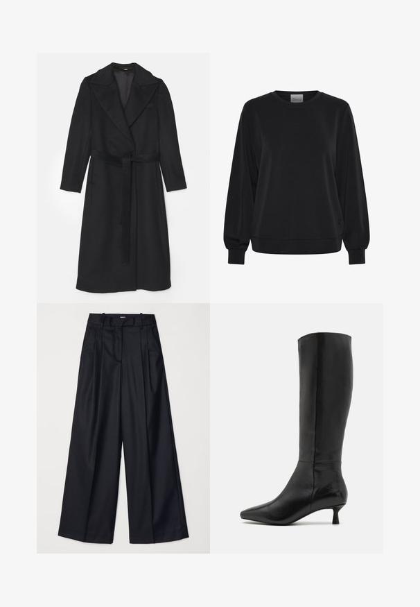 Čierny vlnený kabát s dvojitým zapínaním, širokými klopami, dlhými rukávmi a zladeným opaskom v páse. Hladká textúra, minimálne detaily.; Čierna mikina s dlhými rukávmi, okrúhlym výstrihom a rebrovanými manžetami. Má hladkú textúru a jemný detail loga vpredu.; Čierne široké nohavice vyrobené z hladkej tkaniny, so zvýšeným pásom, plisovaním a strihom na mieru. Jednoduché čierne kovanie v oblasti pásu.; Zign Čižmy - black