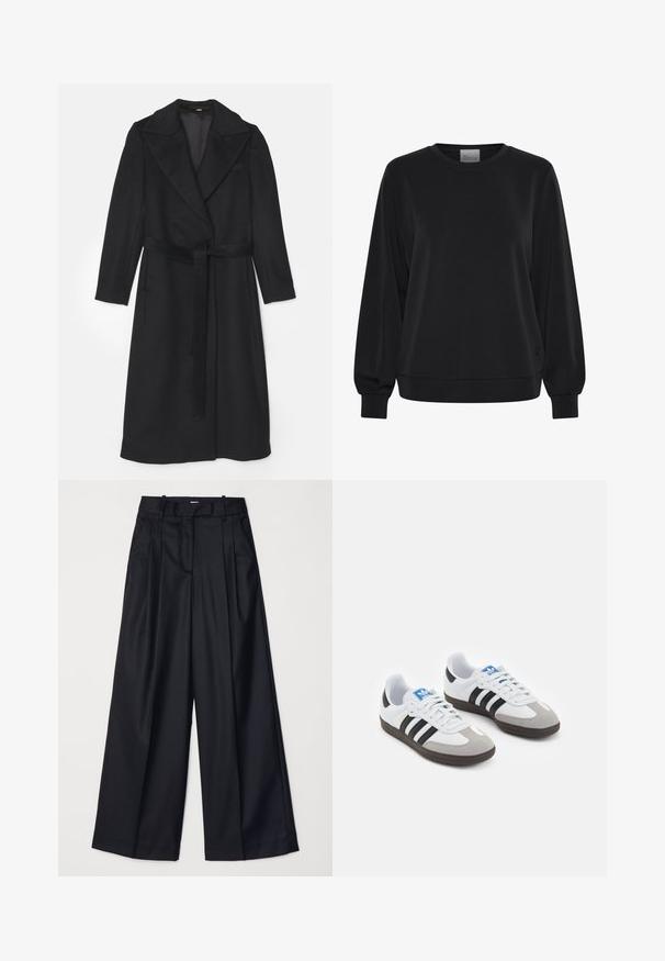 Black wool coat with a double-breasted design, wide lapels, long sleeves, and a matching belt at the waist. Smooth texture, minimal detailing.; Black sweatshirt with long sleeves, crew neck, and ribbed cuffs. Features a smooth texture and a subtle logo detail on the front.; Black wide-leg trousers made of smooth fabric, featuring a high waist, pleats, and a tailored design. Simple black hardware at the waist.; Sport shoes with a white leather upper, gray suede toe, and three black stripes. Features a blue logo on the tongue and a textured rubber sole.