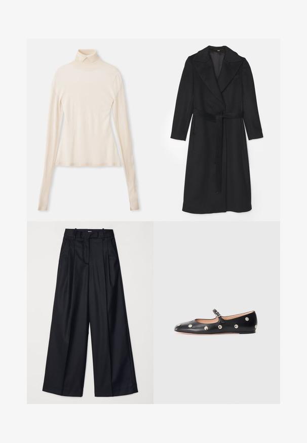 Czarny wełniany płaszcz o podwójnym zapięciu, z szerokimi klapami, długimi rękawami i pasującym paskiem w talii. Gładka faktura, minimalne detale.; Kremowy sweter z golfem wykonany z miękkiego, gładkiego materiału, z długimi rękawami, dopasowanym krojem i lekkim streczem dla wygody.; Czarne spodnie o szerokich nogawkach, wykonane z gładkiego materiału, z wysokim stanem, zakładkami i dopasowanym krojem. Proste czarne elementy metalowe w talii.; Czarne skórzane buty typu Mary Jane na płaskim obcasie z zaokrąglonym czubkiem, ozdobione srebrnymi okrągłymi ćwiekami oraz regulowanym paskiem z klamrą.