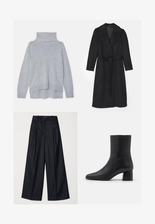 Schwarzer Wollmantel mit einem doppelten Knopfdesign, breiten Revers, langen Ärmeln und einem passenden Gürtel in der Taille. Glatte Textur, minimale Details.; Filippa K RELAXED TURTLE NECK - Strickpullover - grey melange; Schwarze weit geschnittene Hosen aus glattem Stoff, mit hoher Taille, Falten und einer taillierten Passform. Einfaches schwarzes Zubehör an der Taille.; Schwarze Leder-Ankle-Boots mit spitzer Zehenpartie und einem klobigen, quadratischen Absatz. Glatte Textur mit nahtlosem Design und minimalistischem Nähen.