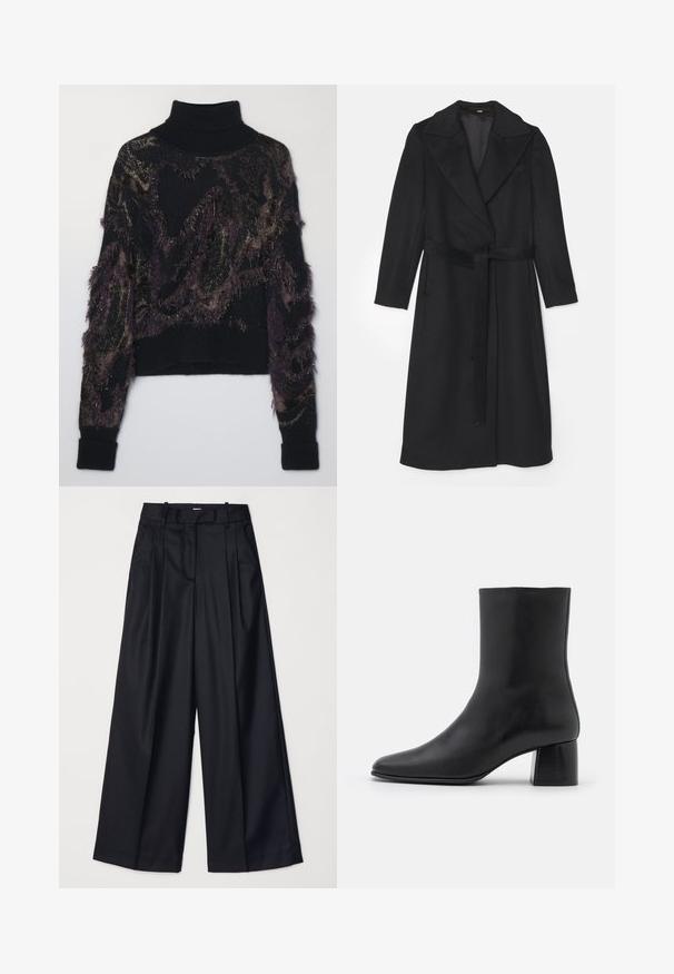 Black wool coat with a double-breasted design, wide lapels, long sleeves, and a matching belt at the waist. Smooth texture, minimal detailing.; Black turtleneck sweater featuring a textured pattern in dark purple and gold, with fringe accents and ribbed cuffs and hem.; Black wide-leg trousers made of smooth fabric, featuring a high waist, pleats, and a tailored design. Simple black hardware at the waist.; Black leather ankle boot with a pointed toe and a chunky square heel. Smooth texture with a seamless design and minimalistic stitching.
