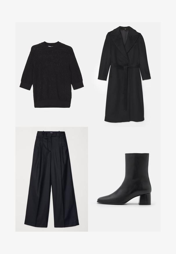 Crni vuneći kaput s dvostrukim kopčanjem, širokim reverima, dugim rukavima i odgovarajućim remenom u struku. Glatka tekstura, minimalno detaljiziranje.; Crni pleteni pulover s teksturiranim zigzag uzorkom, okruglim izrezom i rukavima do tri četvrtine s rebrastim rubovima.; Crne široke hlače izrađene od glatkog materijala, s visokim strukom, nabranim detaljima i krojem po mjeri. Jednostavan crni hardver na struku.; Crne kožne gležnjače s šiljastim vrhom i širokim kvadratnim potpeticom. Glatka tekstura s bešavnim dizajnom i minimalističkim šavovima.