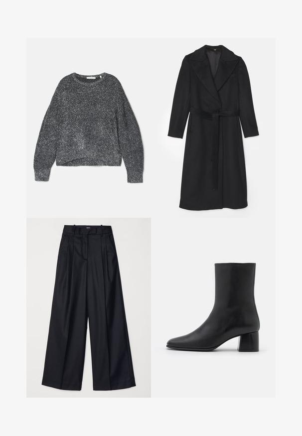 Manteau en laine noire avec un design croisé, large revers, manches longues et une ceinture assortie à la taille. Texture lisse, détails minimaux.; Pull noir pailleté à coupe décontractée, col rond et manches longues. Fabriqué en fil doux avec une finition texturée et brillante.; Pantalons noirs à jambes larges en tissu lisse, dotés d'une taille haute, de plis et d'une coupe ajustée. Quincaillerie noire simple à la taille.; Bottine en cuir noir avec un bout pointu et un talon carré épais. Texture lisse avec un design sans coutures et descoutures minimalistes.