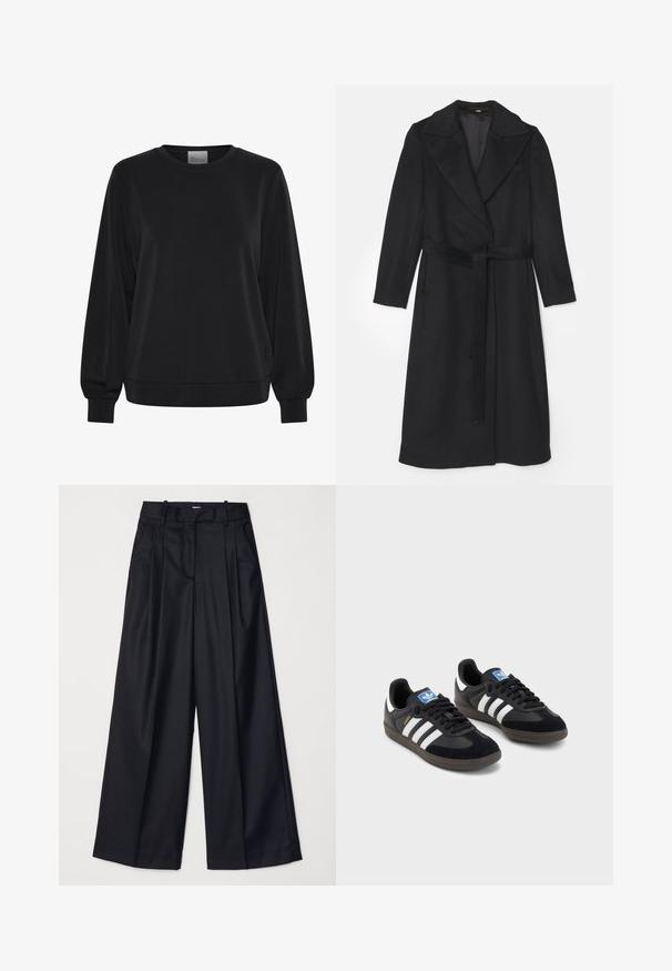 Melna vilnas mētelis ar dubultu pogu dizainu, platiem atloka galiem, garām piedurknēm un atbilstošu jostu viduklī. Gluda tekstūra, minimālas detaļas.; Melnā sporta jaka ar garām piedurknēm, apaļu kakla izgriezumu un ribotām aprocēm. Tam ir gluda tekstūra un smalks logo elements priekšpusē.; Melnas platas kājas bikses no gludas auduma, ar augstu jostasvietu, krokām un pielāgotu dizainu. Vienkārša melna aparatūra jostasvietā.; Melnas sporta apavas ar zamšādas un sintētisku augšdaļu, ar trim baltām svītrām, teksturētu gumijas zoli un zilu logo birku uz mēles.