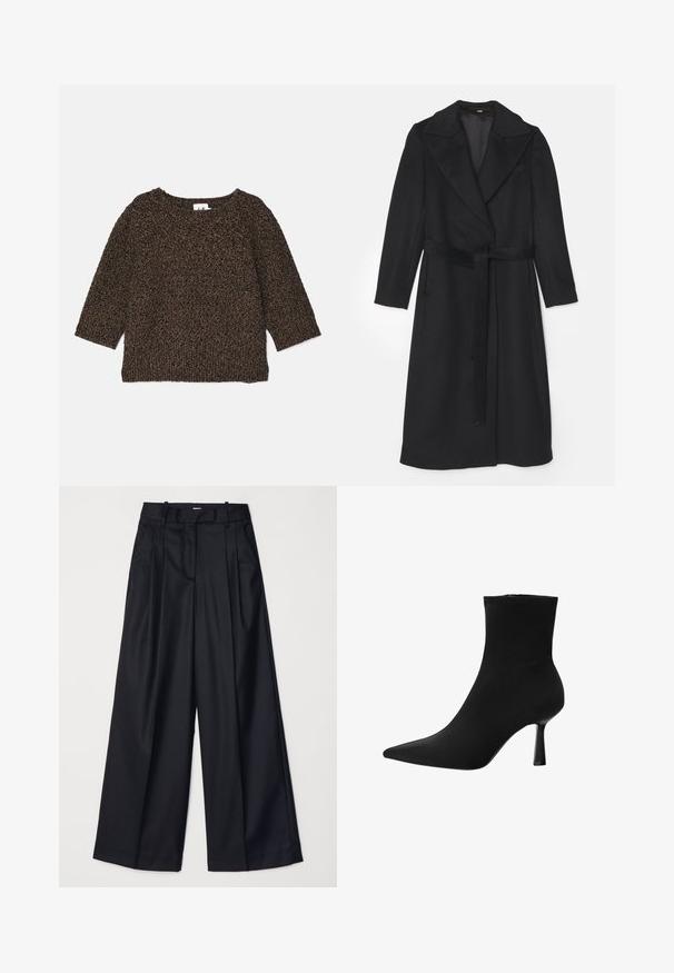 Czarny wełniany płaszcz o podwójnym zapięciu, z szerokimi klapami, długimi rękawami i pasującym paskiem w talii. Gładka faktura, minimalne detale.; Brązowy, teksturowany sweter dzianinowy z rękawami o długości trzech czwartej, szerokim dekoltem i prążkowanym wykończeniem. Miękki materiał o przytulnym wyglądzie.; Czarne spodnie o szerokich nogawkach, wykonane z gładkiego materiału, z wysokim stanem, zakładkami i dopasowanym krojem. Proste czarne elementy metalowe w talii.; Czarny botek sięgający kostki, wykonany z gładkiego materiału, z charakterystycznym spiczastym noskiem i smukłym obcasem w stylu szpilki, o jednolitej konstrukcji i bez widocznych elementów metalowych.