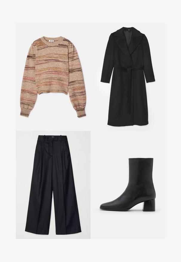 Juodas vilnonis paltas su dvigubo uždarymo dizainu, plačiais atlapais, ilgomis rankovėmis ir derančiu diržu liemens srityje. Lygi tekstūra, minimalus detaalių kiekis.; Šviesiai rudos spalvos susiūtas trumpas megztinis, pagamintas iš trikotažo, su horizontaliomis juostelėmis rudos, rožinės ir violetinės spalvų atspalvių. Raukšlėtos rankovių ir kaklo dalys.; Juodos plačios kojų kelnės, pagamintos iš lygaus audinio, su aukštu liemeniu, klostėmis ir pritaikytu dizainu. Paprasta juoda detalių sistema liemens srityje.; Juodas odinis kulkšninis botas su smailiu pirštu ir masyviu kvadratiniu kulnu. Lygus paviršius be siūlių ir minimalizmu išsiskiriantis dizainas.