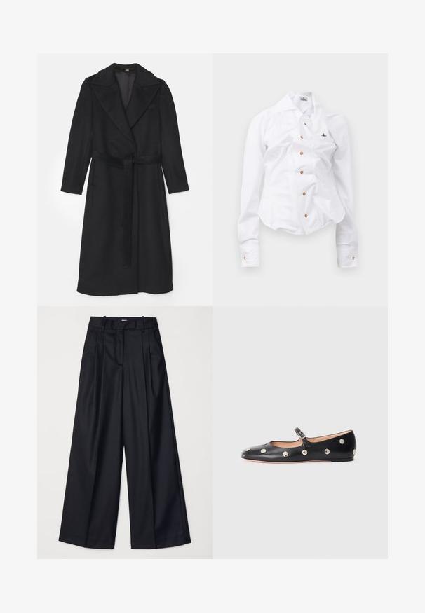 Črn volnen plašč z dvojno zapenjanko, širokimi reverji, dolgimi rokavi in usklajenim pasom v področju pasu. Gladek material, minimalne podrobnosti.; Bela srajca z dolgimi rokavi in prirezano obliko. Ima velik ovratnik, sprednje zapiranje na gumbe v rjavi barvi in majhen izvezen logotip.; Črne široke hlače iz gladkega blaga, z visokim pasom, naborki in prirejenim dizajnom. Preprosta črna strojna oprema na pasu.; Črne usnjene Mary Jane balerinke z zaobljenim noskom, opremljene z zlatimi krožnimi mošnjo in nastavljivim trakom z zaponko.