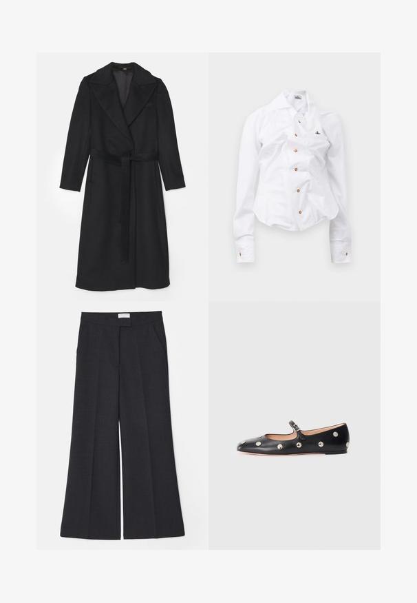 Mustmust kasukas, millel on kahekordne nööpide rida, laiad kraed, pikad varrukad ja sobiv vöö talje juures. Sile tekstuur, minimaalne kaunistus.; Valge pika varrukaga särk, millel on vormitud disain. Iseloomustab suur krae, ees nupuga sule avamine pruunide nuppudega ja väike broderi logo.; Süsihallad vabaajapüksid laia säärega, sileda tekstuuriga, ees volditega ja küljetaskutega. Kangas omab peent kudumisstruktuuri.; Must naar mustast valmistatud Mary Jane lamedad jalanõud, ümarate varvastega, hõbedaste ümmarguste nupukestega ja reguleeritava rihmaga, millel on klamber.