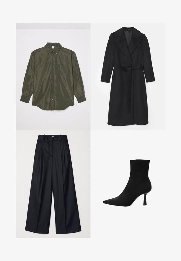 Zwarte wollen jas met een dubbelbreasted ontwerp, brede revers, lange mouwen en een bijpassende riem in de taille. Soepele textuur, minimale details.; Langsleeve, donkergroen overhemd van glanzende stof, met een knoopsluiting aan de voorkant, puntige kraag en een borstzak.; Zwarte wijde broek van soepel materiaal, met een hoge taille, plooien en een getailleerd ontwerp. Eenvoudige zwarte details bij de taille.; Zwarte enkelboot gemaakt van gladde stof, met een spitse neus en een slanke stilettohak, met een naadloos ontwerp en zonder zichtbare hardware.