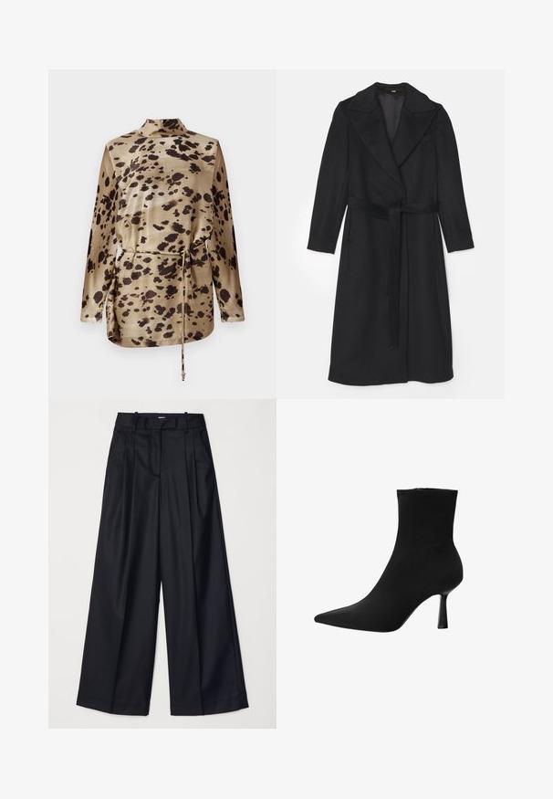 Sort uldfrakke med dobbeltradet design, brede klapper, lange ærmer og et matchende bælte i taljen. Glat tekstur, minimal detaljer.; Leopardmønstret langærmet bluse i beige satin med krave, snøring i taljen og en glat, blank overflade.; Sorte breddebenede bukser lavet af glat stof, med høj talje, læg og skræddersyet design. Enkel sort hardware i talje.; Sort ankelstøvle lavet af glat stof, med spids tå og slank stilettohæl, i et sømløst design uden synligt hardware.