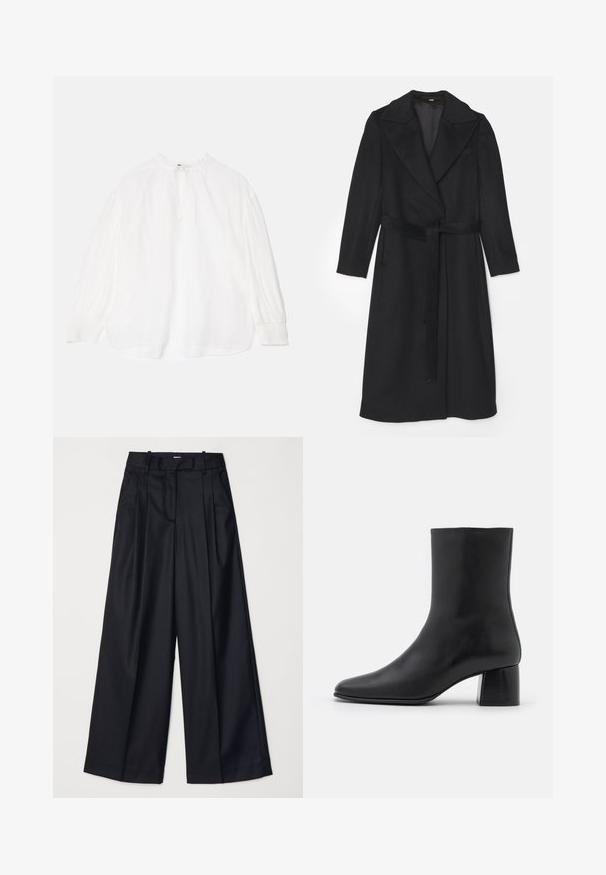 Black wool coat with a double-breasted design, wide lapels, long sleeves, and a matching belt at the waist. Smooth texture, minimal detailing.; White blouse with long, gathered sleeves, a tied neckline, and a relaxed fit. Features slightly textured fabric and elastic cuffs.; Black wide-leg trousers made of smooth fabric, featuring a high waist, pleats, and a tailored design. Simple black hardware at the waist.; Black leather ankle boot with a pointed toe and a chunky square heel. Smooth texture with a seamless design and minimalistic stitching.