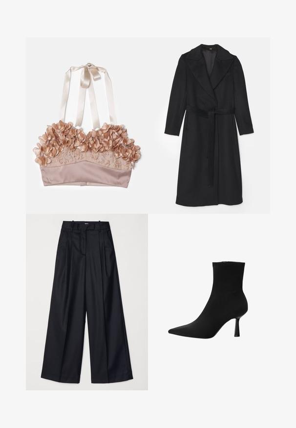 Černý vlněný kabát s dvojitým zapínáním, širokými klopami, dlouhými rukávy a odpovídajícím pásem v pase. Hladká textura, minimální detaily.; Braletka v tělové barvě s květinovými ozdobami, krajkovou tkaninou, saténovou podšívkou a nastavovacími saténovými stuhami.; Černé kalhoty s širokými nohavicemi vyrobené z hladkého materiálu, s vysokým pasem, sklady a přizpůsobeným střihem. Jednoduché černé kování v pase.; Černá kotníková bota vyrobená z hladké textilie, s špičatou špičkou a úzkým stiletto podpatkem, s bezešvým designem a bez viditelného kování.