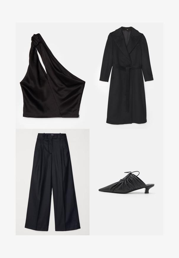 Black wool coat with a double-breasted design, wide lapels, long sleeves, and a matching belt at the waist. Smooth texture, minimal detailing.; Asymmetrical black satin top with a single shoulder strap, featuring a draped design and zipper closure at the side. Soft texture.; Black wide-leg trousers made of smooth fabric, featuring a high waist, pleats, and a tailored design. Simple black hardware at the waist.; Black leather slip-on mules with a pointed toe, gathered texture, and a small kitten heel. Features a drawstring detail at the opening.