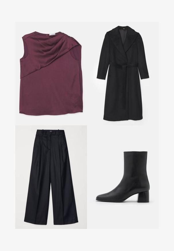 Sort uldfrakke med dobbeltradet design, brede klapper, lange ærmer og et matchende bælte i taljen. Glat tekstur, minimal detaljer.; Burgunderfarvet ærmeløs top lavet af glat stof med et draperet design, der har en asymmetrisk skæring og en rund halsudskæring.; Sorte breddebenede bukser lavet af glat stof, med høj talje, læg og skræddersyet design. Enkel sort hardware i talje.; Sorte læder ankelstøvler med spids tå og en kraftig firkantet hæl. Glat overflade med et sømløst design og minimalistisk syning.