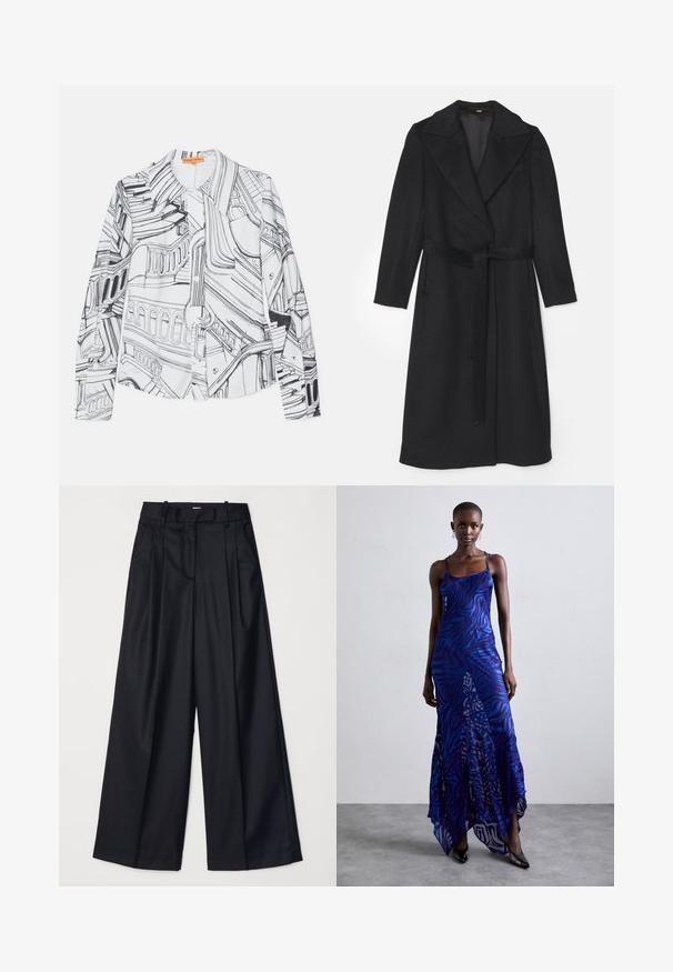 Melna vilnas mētelis ar dubultu pogu dizainu, platiem atloka galiem, garām piedurknēm un atbilstošu jostu viduklī. Gluda tekstūra, minimālas detaļas.; Balta garām piedurknēm krekls ar melnu līniju zīmējumu, kas attēlo arhitektūras elementus, ar pogu aizdari priekšā un klasisku apkakli.; Melnas platas kājas bikses no gludas auduma, ar augstu jostasvietu, krokām un pielāgotu dizainu. Vienkārša melna aparatūra jostasvietā.; Zila un violeta dzīvnieku raksta maxi kleita ar plāniem plecu siksnām, pieguļošu augumu, izplestu apakšdaļu un caurspīdīgu dekoratīvo kārtu.