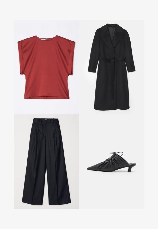 Cappotto di lana nera con design doppiopetto, ampi risvolti, maniche lunghe e una cintura abbinata in vita. Texture liscia, dettagli minimi.; Top rosso a maniche corte, realizzato in tessuto morbido, con scollatura rotonda e vestibilità ampia. Presenta una cerniera sul retro e un design a spalla cadente.; Pantaloni neri a gamba larga realizzati in un tessuto morbido, con vita alta, pieghe e un design sartoriale. Finiture semplici in nero in vita.; Mule in pelle nera senza chiusura con punta appuntita, texture raccolta e un piccolo tacco gattino. Presenta un dettaglio con cordoncino all'apertura.