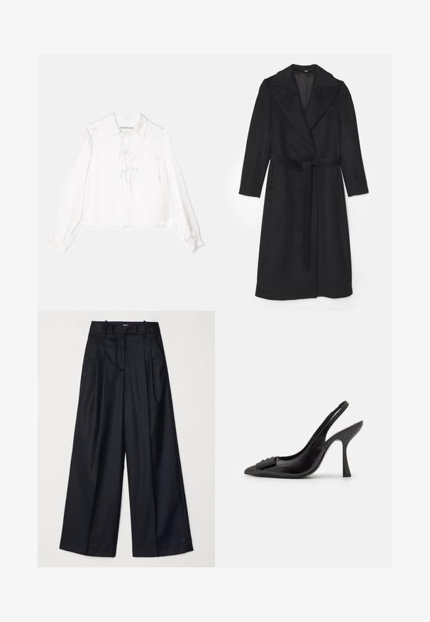 Zwarte wollen jas met een dubbelbreasted ontwerp, brede revers, lange mouwen en een bijpassende riem in de taille. Soepele textuur, minimale details.; Witte blouse met lange mouwen en een kraaglijn, voorzien van een centrale vetersluiting, gemaakt van soepel stof. De manchet is elastisch.; Zwarte wijde broek van soepel materiaal, met een hoge taille, plooien en een getailleerd ontwerp. Eenvoudige zwarte details bij de taille.; Zwarte leren slingback schoen met een spitse neus, slanke hoge hak en een decoratieve strikaccent. Gladde textuur en elegant ontwerp.