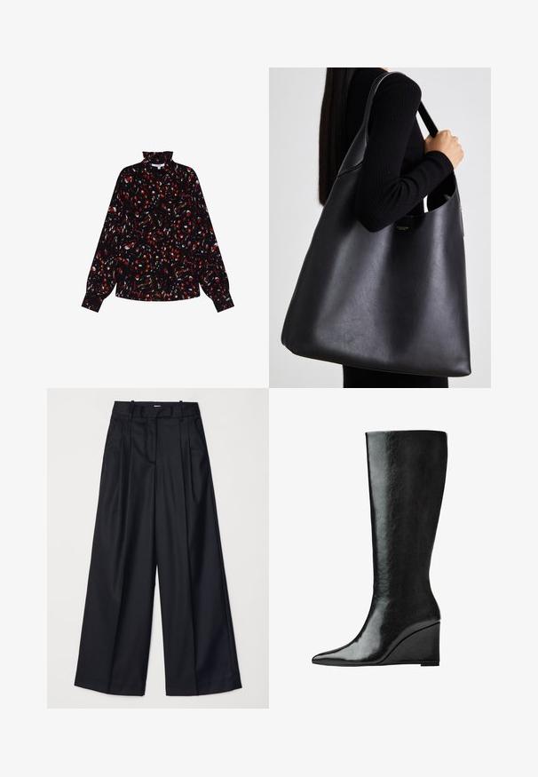 Schwarzer Wollmantel mit einem doppelten Knopfdesign, breiten Revers, langen Ärmeln und einem passenden Gürtel in der Taille. Glatte Textur, minimale Details.; Schwarze Bluse mit langen Ärmeln, die ein rotes und weißes abstraktes Muster zeigt, mit hohem Kragen, lockerer Passform und strukturiertem Stoff.; Schwarze weit geschnittene Hosen aus glattem Stoff, mit hoher Taille, Falten und einer taillierten Passform. Einfaches schwarzes Zubehör an der Taille.; Knöchelhohe schwarze Lederstiefel mit schlanker, spitzer Zehenform und Wedge-Absatz. Die Oberfläche ist glatt mit einem glänzenden Finish.; Schwarze Leder-Taschen mit glatter Textur, übergroßer Form und einem einzigen Schulterriemen. Besitzt einen goldenen Logo-Akzent.