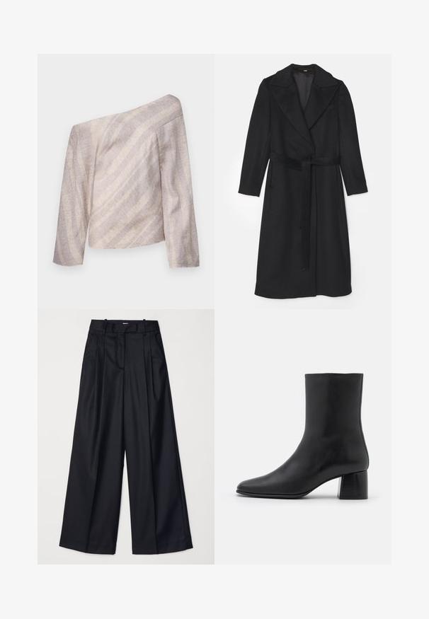 Fekete gyapjú kabát, dupla gombolású kialakítással, széles hajtókákkal, hosszú ujjakkal és hozzáillő övvel a deréknál. Sima textúra, minimalista részletezéssel.; Félvállas, hosszú ujjú, világos bézs felső finoman textúrázott csíkokkal, laza szabással és aszimmetrikus dizájnnal.; Fekete, széles lábú nadrág sima anyagból, magas derekú, pliszékkel és elegáns kialakítással. Egyszerű fekete kiegészítők a dereknál.; Fekete bőr bokacsizma hegyes orral és vastag, négyzet alakú sarokkal. Simább felület, mondanivaló nélküli dizájn és minimalista varrás.