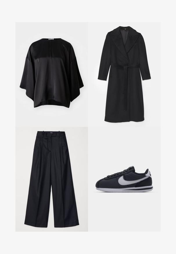 Melna vilnas mētelis ar dubultu pogu dizainu, platiem atloka galiem, garām piedurknēm un atbilstošu jostu viduklī. Gluda tekstūra, minimālas detaļas.; Melnas satīna blūze ar brīvu piegriezumu, ar apaļu izgriezumu, platām piedurknēm un smalku aizmugurējo rāvējslēdzēju. Gluda tekstūra un minimālistisks dizains.; Melnas platas kājas bikses no gludas auduma, ar augstu jostasvietu, krokām un pielāgotu dizainu. Vienkārša melna aparatūra jostasvietā.; Melna sporta kurpe ar pelēkām akcentiem, gluda sintētiska virsma, strukturēta zole, noapaļota purngala forma un plakani šņores. Klasisks dizains ar logo detaļu.