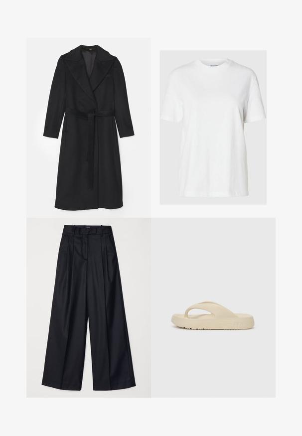 Zwarte wollen jas met een dubbelbreasted ontwerp, brede revers, lange mouwen en een bijpassende riem in de taille. Soepele textuur, minimale details.; Witte katoenen t-shirt met korte mouwen en een ronde halslijn. Heeft een relaxte pasvorm en een minimalistisch ontwerp zonder patronen of accenten.; Zwarte wijde broek van soepel materiaal, met een hoge taille, plooien en een getailleerd ontwerp. Eenvoudige zwarte details bij de taille.; Beige flip-flop sandaal gemaakt van rubber, met een enkele teenpost en een dikke zool met een profiel. Gemarkeerd met het Fila-logo.