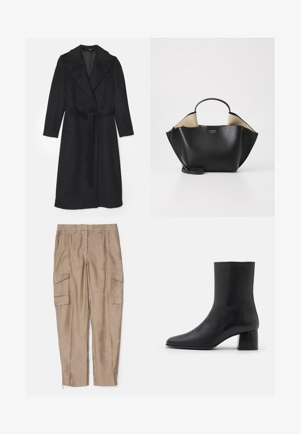 Zwarte wollen jas met een dubbelbreasted ontwerp, brede revers, lange mouwen en een bijpassende riem in de taille. Soepele textuur, minimale details.; Zwarte langärmelige turtleneck top van soepel stof, met een gerimpelde hals en een aansluitende silhouet met eenvoudige randen.; Beige cargobroek met een relaxte pasvorm, meerdere zijzakken en ritsaccenten bij de enkels. Gemaakt van een lichte stof.; Zwarte leren enkelboot met een spitse neus en een chunky vierkante hak. Glad oppervlak met een naadloos ontwerp en minimalistische stiksels.; Ree Projects ANN TOTE MINI - Handtas - black