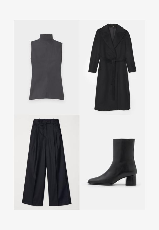 Mustmust kasukas, millel on kahekordne nööpide rida, laiad kraed, pikad varrukad ja sobiv vöö talje juures. Sile tekstuur, minimaalne kaunistus.; Seljateta tumehall topp, millel on kõrge kaelus, puhtad jooned ja sile tekstuur. Lihtne disain, ilma mustrite või kaunistusteta.; Mustad laiad püksid, mis on valmistatud sileda kangaga, kõrge vöökoha, voldikute ja vormitud disainiga. Vöökoha juures on lihtne must riistvara.; Must musta ankle boot terava nina ja turske ruudukujulise kontsaga. Sile tekstuur, sujuv disain ja minimaalne õmblus.