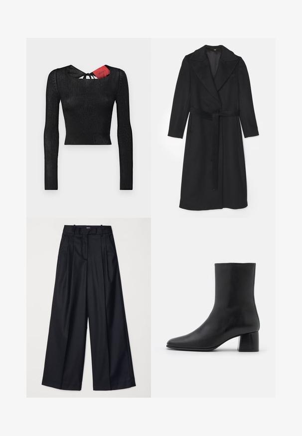 Black wool coat with a double-breasted design, wide lapels, long sleeves, and a matching belt at the waist. Smooth texture, minimal detailing.; Black, long-sleeved cropped top with ribbed texture. Features a rounded neckline and a tie detail at the back, with a red tag visible.; Black wide-leg trousers made of smooth fabric, featuring a high waist, pleats, and a tailored design. Simple black hardware at the waist.; Black leather ankle boot with a pointed toe and a chunky square heel. Smooth texture with a seamless design and minimalistic stitching.