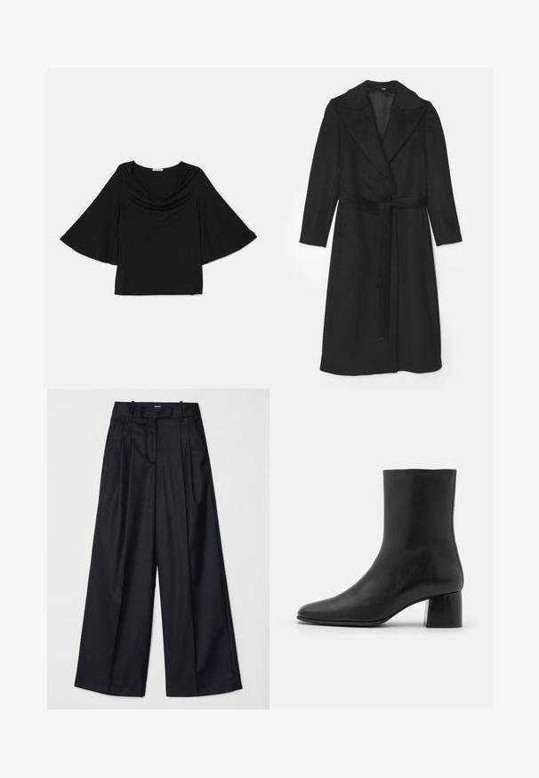 Cappotto di lana nera con design doppiopetto, ampi risvolti, maniche lunghe e una cintura abbinata in vita. Texture liscia, dettagli minimi.; Top nero con maniche ampie e fluenti. Presenta un collo a cowl e una vestibilità morbida. Realizzato in tessuto leggero e morbido. Senza fantasie o accenti.; Pantaloni neri a gamba larga realizzati in un tessuto morbido, con vita alta, pieghe e un design sartoriale. Finiture semplici in nero in vita.; Stivali ankle in pelle nera con punta affusolata e tacco quadrato grosso. Texture liscia con un design senza cuciture e cuciture minimaliste.