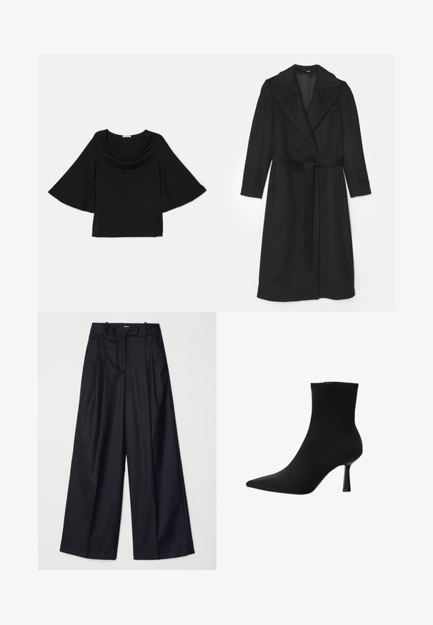 Mustapuretu takki, jossa on tuplapainikefrontti, leveät läpät, pitkät hihat ja vyötäröllä sopiva vyö. Sujuva pinta, minimaalinen yksityiskohtaisuus.; Musta paita, jossa on leveät, valuva hihat. Ominaisuuksiin kuuluu huppu kaula-aukko ja rento leikkaus. Valmistettu pehmeästä, kevyestä kankaasta. Ei kuoseja tai korostuksia.; Musta leveälahkeinen housut, jotka on valmistettu sileästä kankaasta. Niissä on korkea vyötärö, laskoksia ja räätälöity muotoilu. Yksinkertaiset mustat metalliosat vyötäröllä.; Musta nilkkuri, joka on valmistettu sileästä kankaasta, terävällä kärjellä ja hoikalla stiletto-korolla, saumatonta muotoilua ilman näkyvää varustusta.
