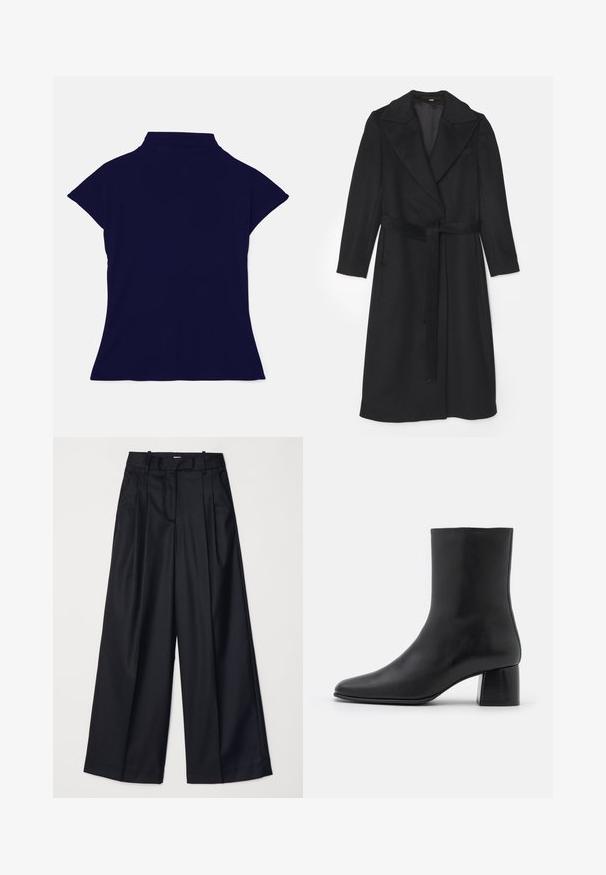 Black wool coat with a double-breasted design, wide lapels, long sleeves, and a matching belt at the waist. Smooth texture, minimal detailing.; Tiger of Sweden ALITTA - Basic T-shirt - drive; Black wide-leg trousers made of smooth fabric, featuring a high waist, pleats, and a tailored design. Simple black hardware at the waist.; Black leather ankle boot with a pointed toe and a chunky square heel. Smooth texture with a seamless design and minimalistic stitching.